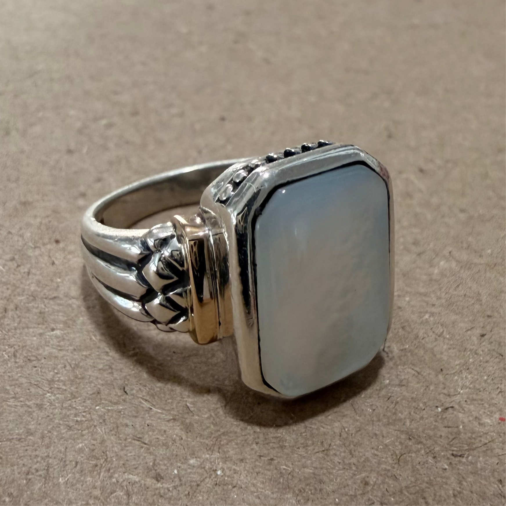 Mother Of Pearl Sterling & 14K Gold Ornate Ring Sz 7