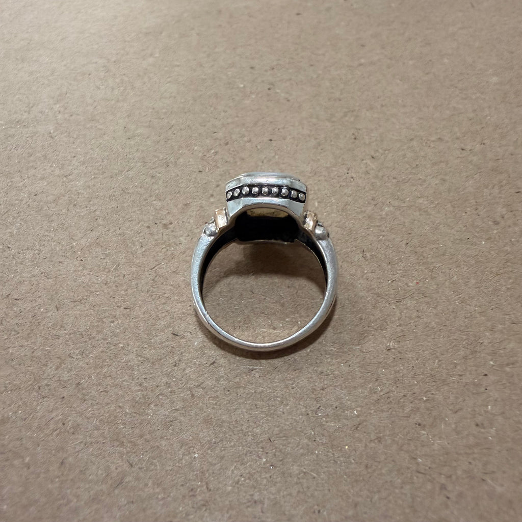 Mother Of Pearl Sterling & 14K Gold Ornate Ring Sz 7