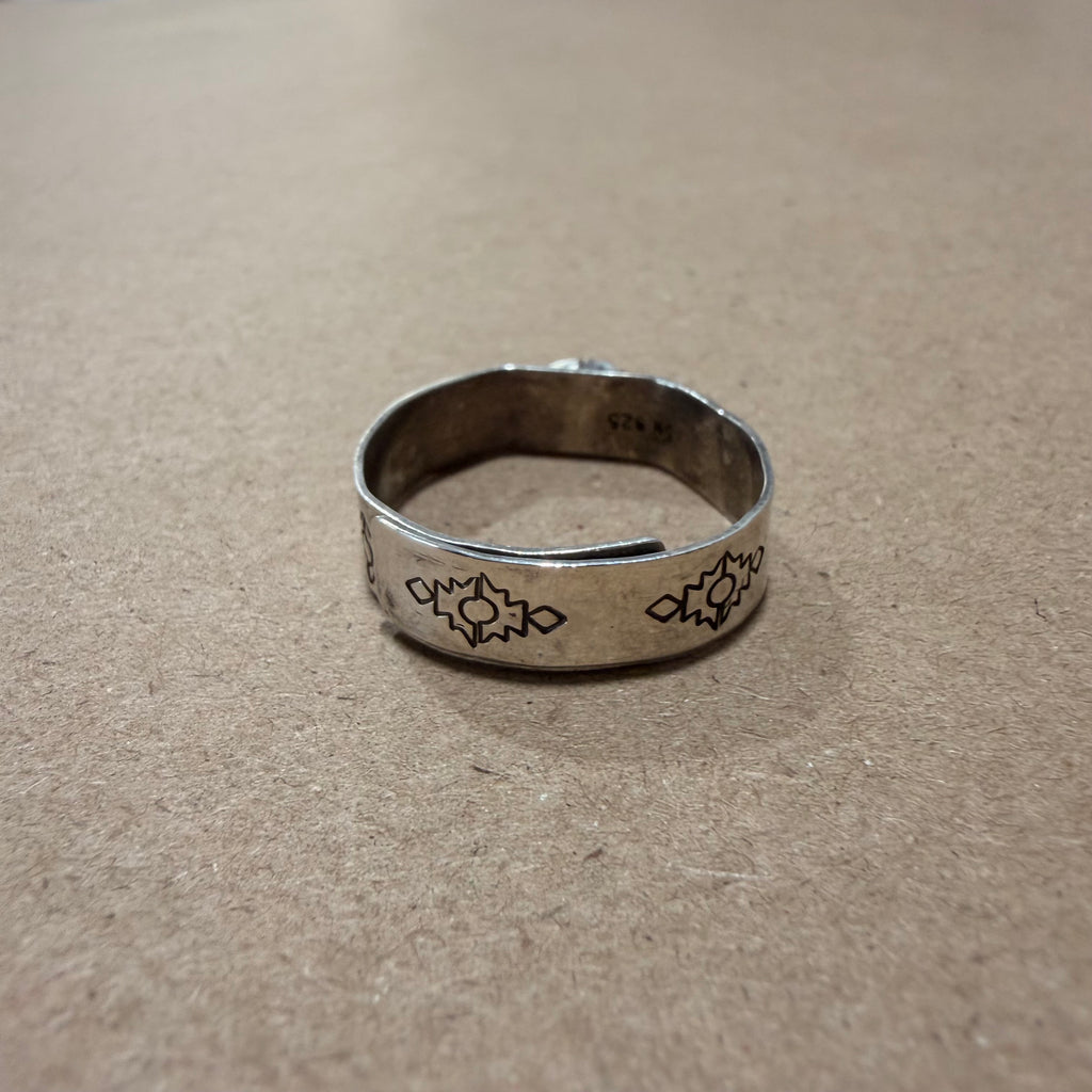 Coral & Sterling Navajo Adjustable Engraved Band Ring Sz 12