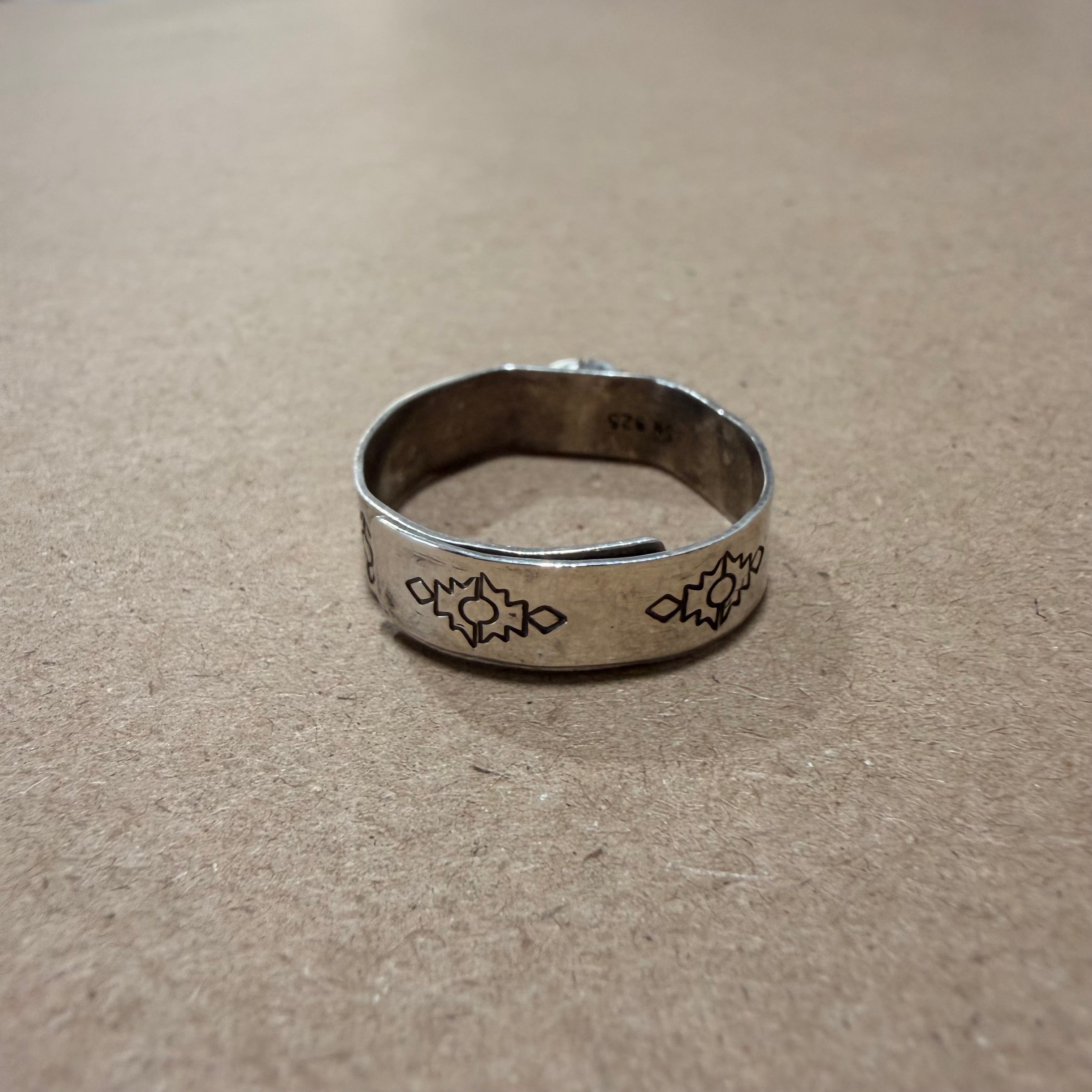 Coral & Sterling Navajo Adjustable Engraved Band Ring Sz 12